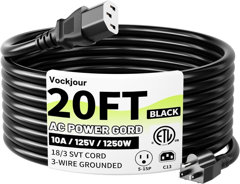 Vockjour 3 Prong AC Power Cord Cable 20ft 10 Amps 125 Volts 18AWG, NEMA 5-15P to C13, Black PC Power Cable for TV, Computer, Monitor, Printer，PlayStation, HP, Dell, Lenovo, Apple, Asus-ETL Listed - Image 1